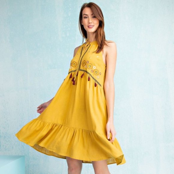 easel Dresses Easel Mustard Embroidered Midi Dress Poshmark